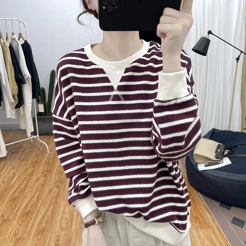 纯棉春秋新款韩版宽松条纹卫衣女时尚长袖设计感卫衣圆领百搭上衣