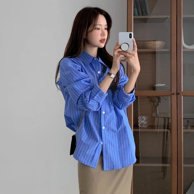 春夏新款蓝色条纹衬衫女宽松港味休闲长袖衬衣大码叠穿内搭上衣潮