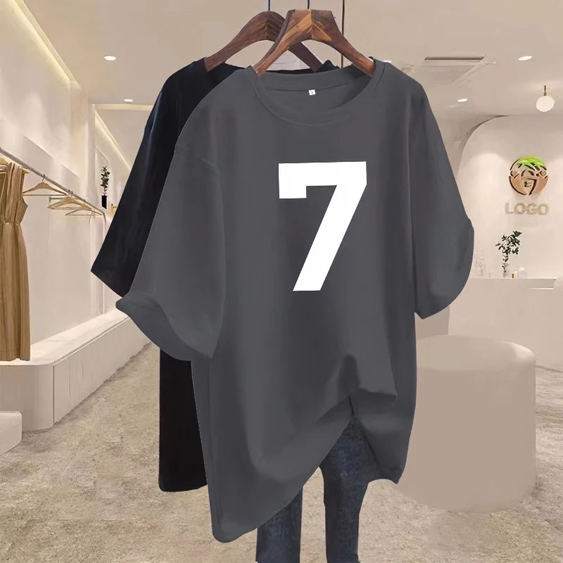 重磅纯棉夏季新款短袖大码t恤女中长款宽松百搭字母印花ins潮上衣