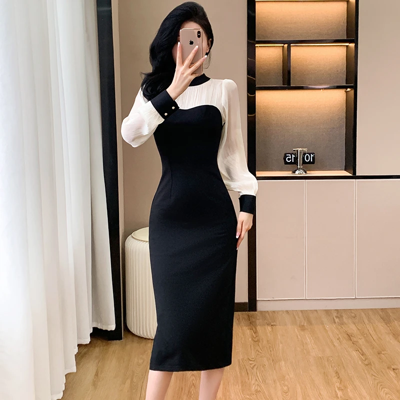 秋季时尚黑色拼接长袖高级感御姐法式气质收腰修身显瘦包臀连衣裙