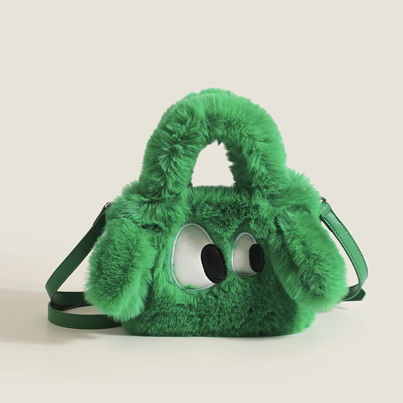 甜美可爱毛绒绒水桶包2023冬季新款女包简约纯色手提包单肩斜挎包