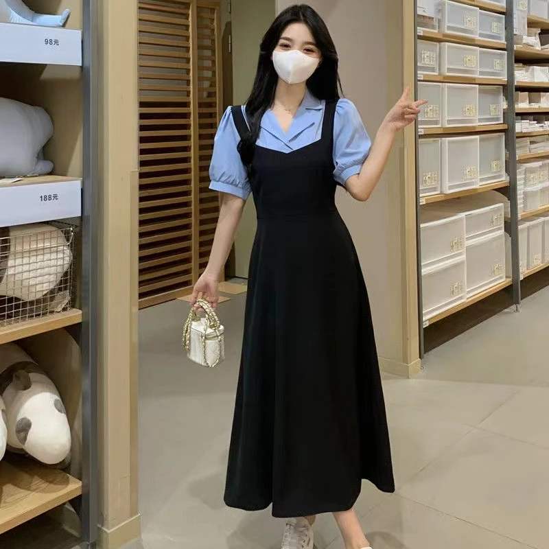 夏季新款大码胖妹妹撞色拼接假两件收腰显瘦连衣裙系带A字裙1465