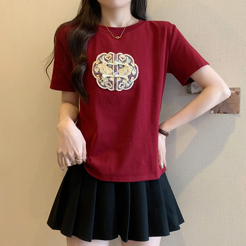大码刺绣短袖T恤女夏季胖mm显瘦女装国风内搭打底衫设计感上衣ins
