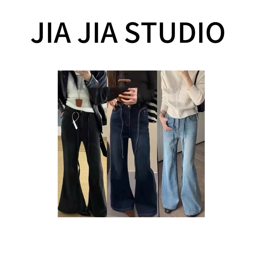嘉嘉推荐#5900【重磅定制 秋冬加绒加厚款】美式复古系带阔腿牛仔裤