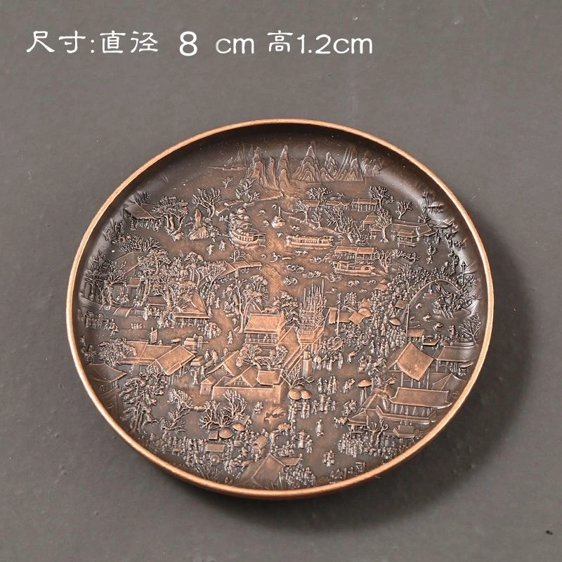 中式复古创意金属杯垫隔热垫圆形茶杯托高档清明上河图杯托壶垫