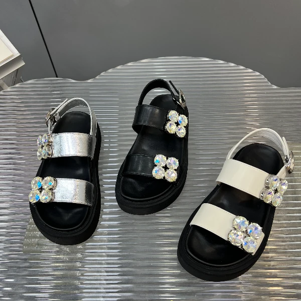 【现货】2024新款真皮亮钻厚底增高百搭露趾一字带凉鞋女9261-5