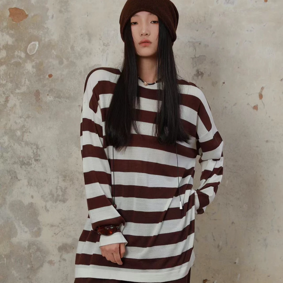 8161号231398#秋百搭圆领条纹双侧下摆开叉长袖针织上衣（预）