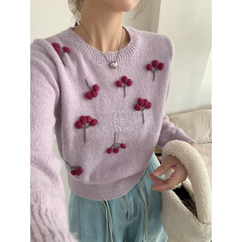 3245号8873#秋冬韩系甜美手缝樱桃毛衣