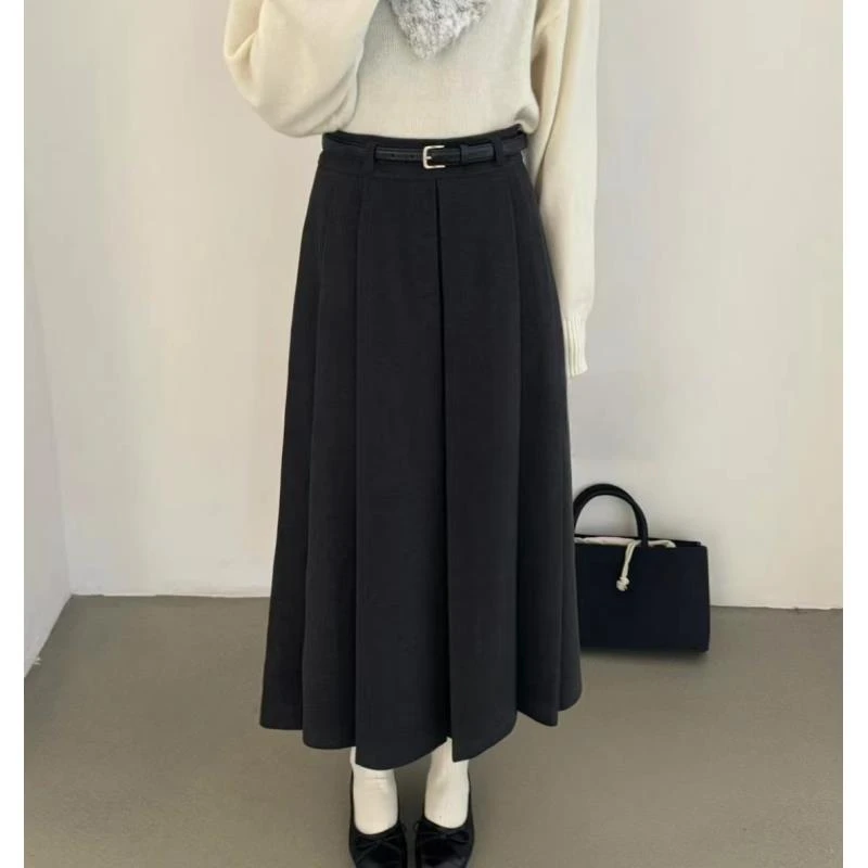 8493号23705呢#秋冬纯色百搭气质压褶半身裙（带里衬）（配腰带）（预）