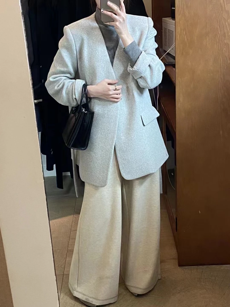 3453号56692#春秋垫肩设计双口袋无领无扣休闲外套单里（配腰带）