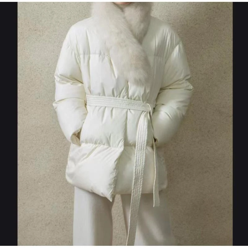 8507号#3054#纯色简约气质暗扣双口袋填充外套（配腰带配毛领）（预）