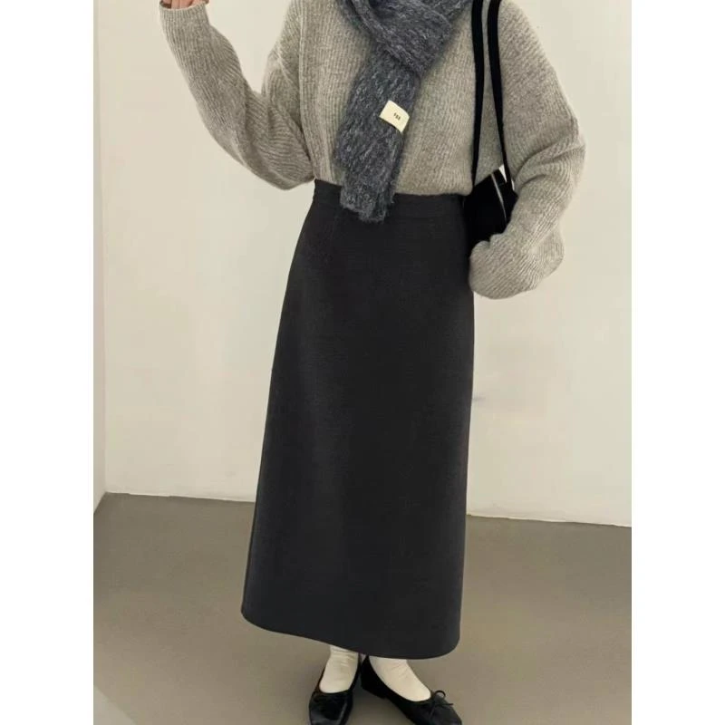 8464号68132#秋冬纯色气质百搭后下摆开叉半身裙带里衬（预）