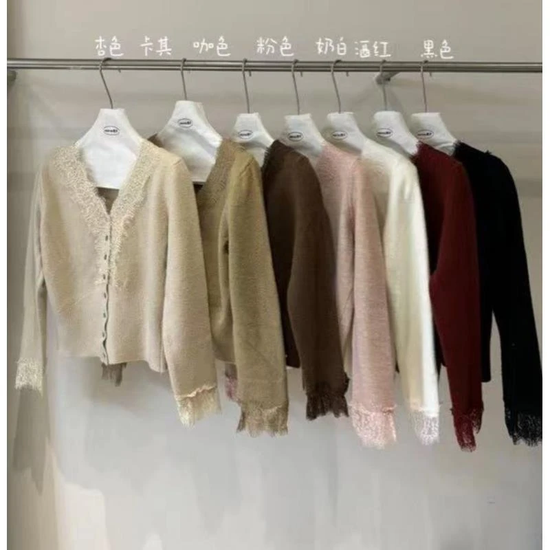 2962号#873#秋韩系气质蕾丝拼接V领开衫上衣毛衣