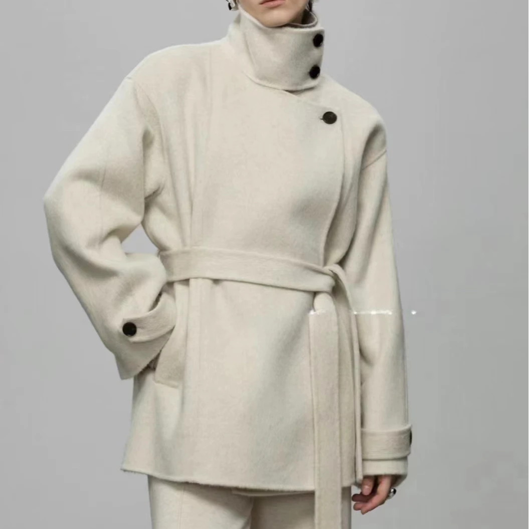 8076号#3008#秋冬立领韩系双口袋宽松大衣外套（预）