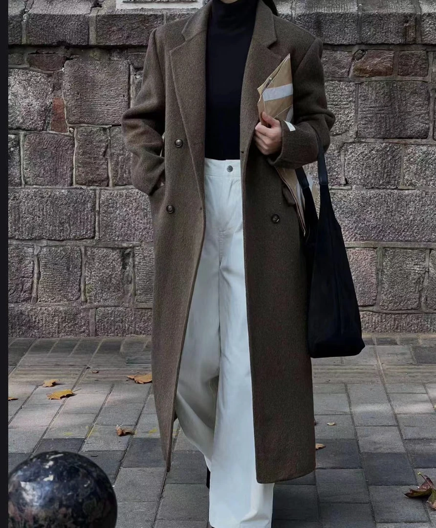 3407号#6016#秋冬垫肩双口袋气质大衣外套长款