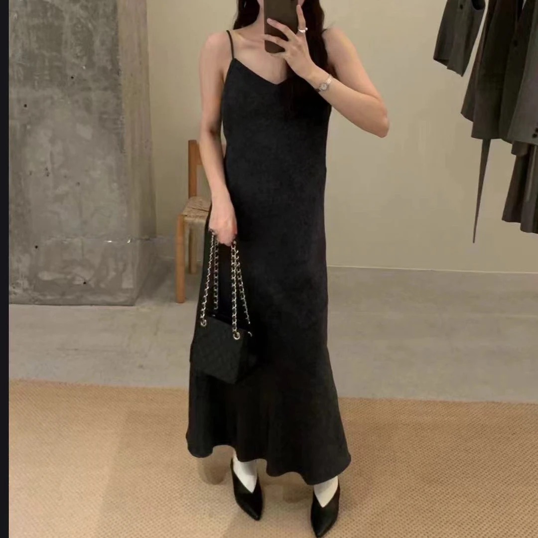 2777号56575#秋复古晕染可调肩带V领垂感吊带裙带里衬无口袋C5-32