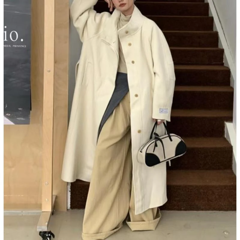 8560号#118#秋冬纯色气质双口袋宽松休闲大衣外套（配腰带）（预）