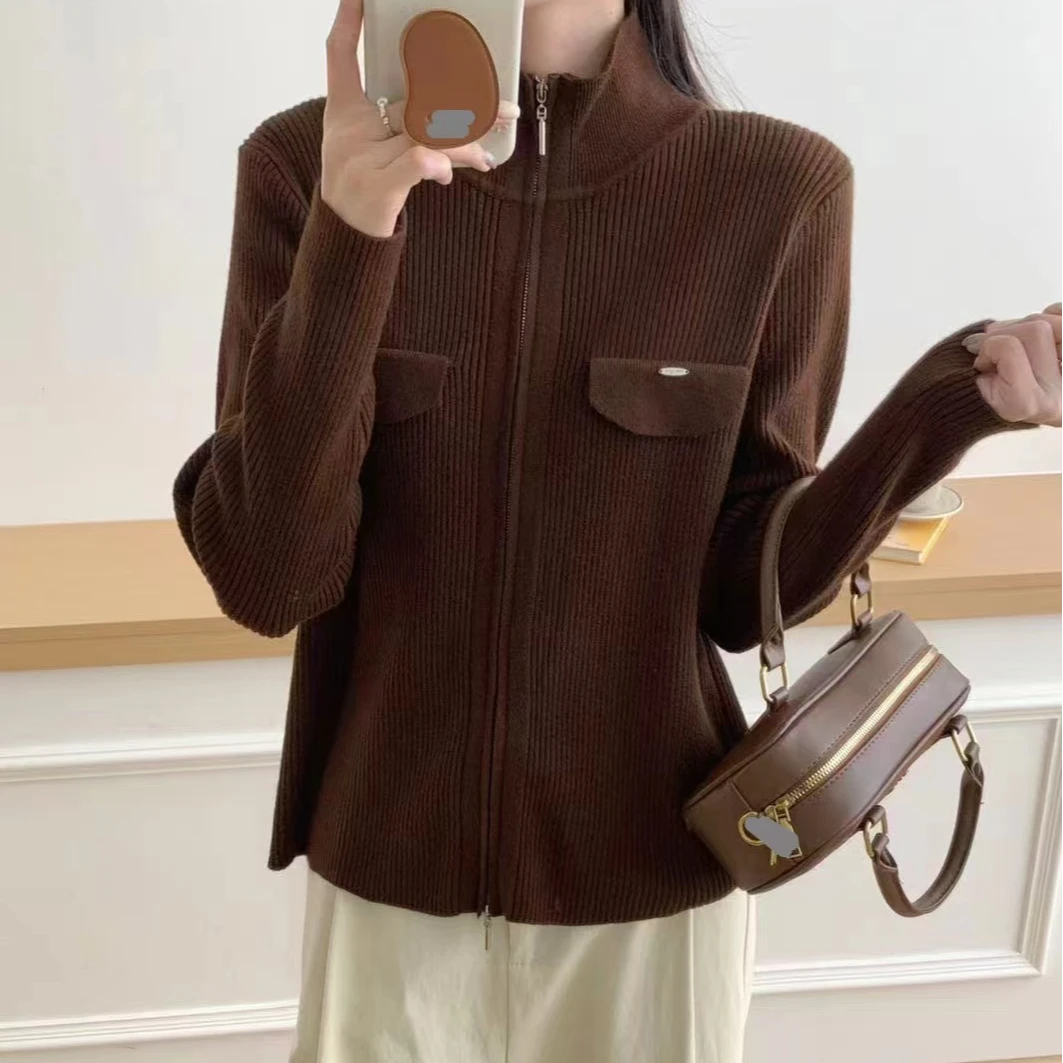 8421号6225#秋百搭假口袋双拉链长袖针织衫（预）