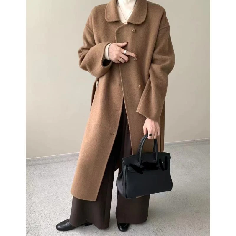 8656号902#韩系小翻领双口袋长款大衣外套（预）