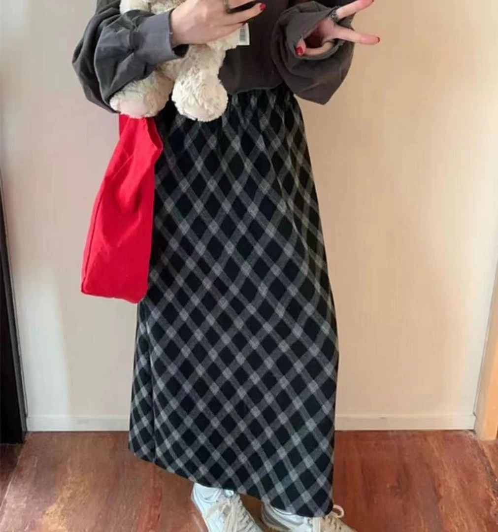 9106号00192#秋冬一体绒毛呢休闲格子半身裙（无口袋无里衬）（预）