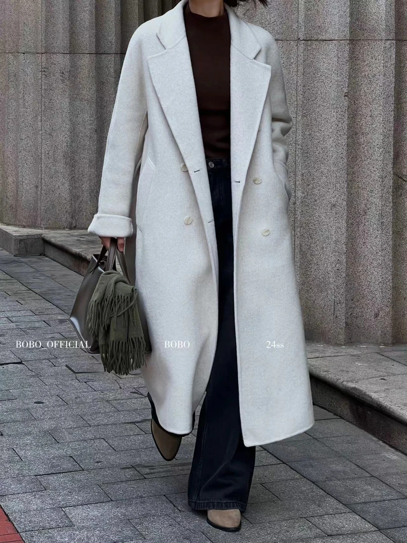 3426号#6132#秋冬气质翻领双口袋大衣外套长款（配腰带）