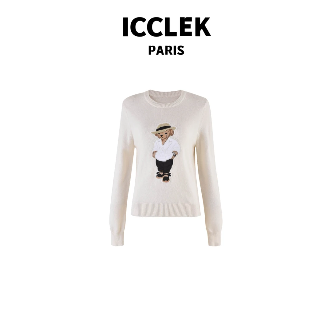 白色圆领小熊套头长袖针织衫 气质 轻奢 名媛 -3041