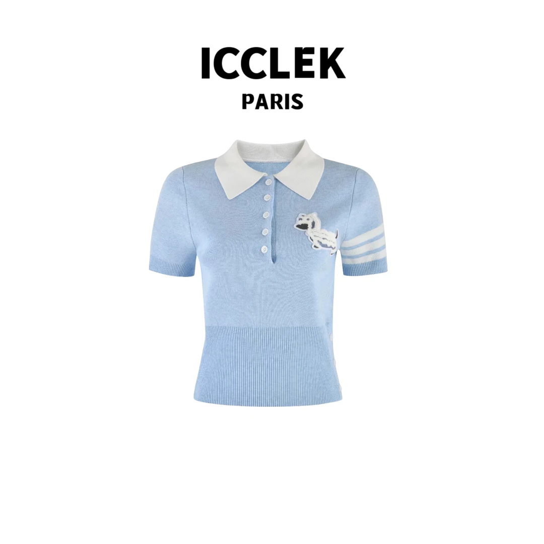 ICCLEK 蓝色翻领小狗短袖针织衫休闲百搭夏季气质名媛上衣 -2647