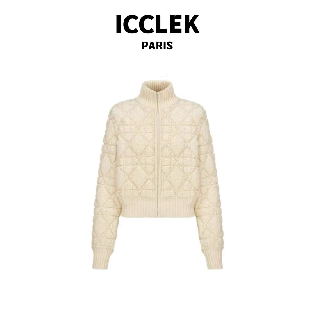 ICCLEK 立领藤格纹长袖针织开衫气质轻奢名媛显瘦百搭保暖 -3023