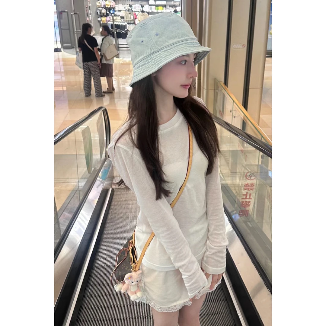 ICCLEK 圆领徽标防晒纯色百搭长袖时尚夏日T恤显瘦慵懒通勤 -2626