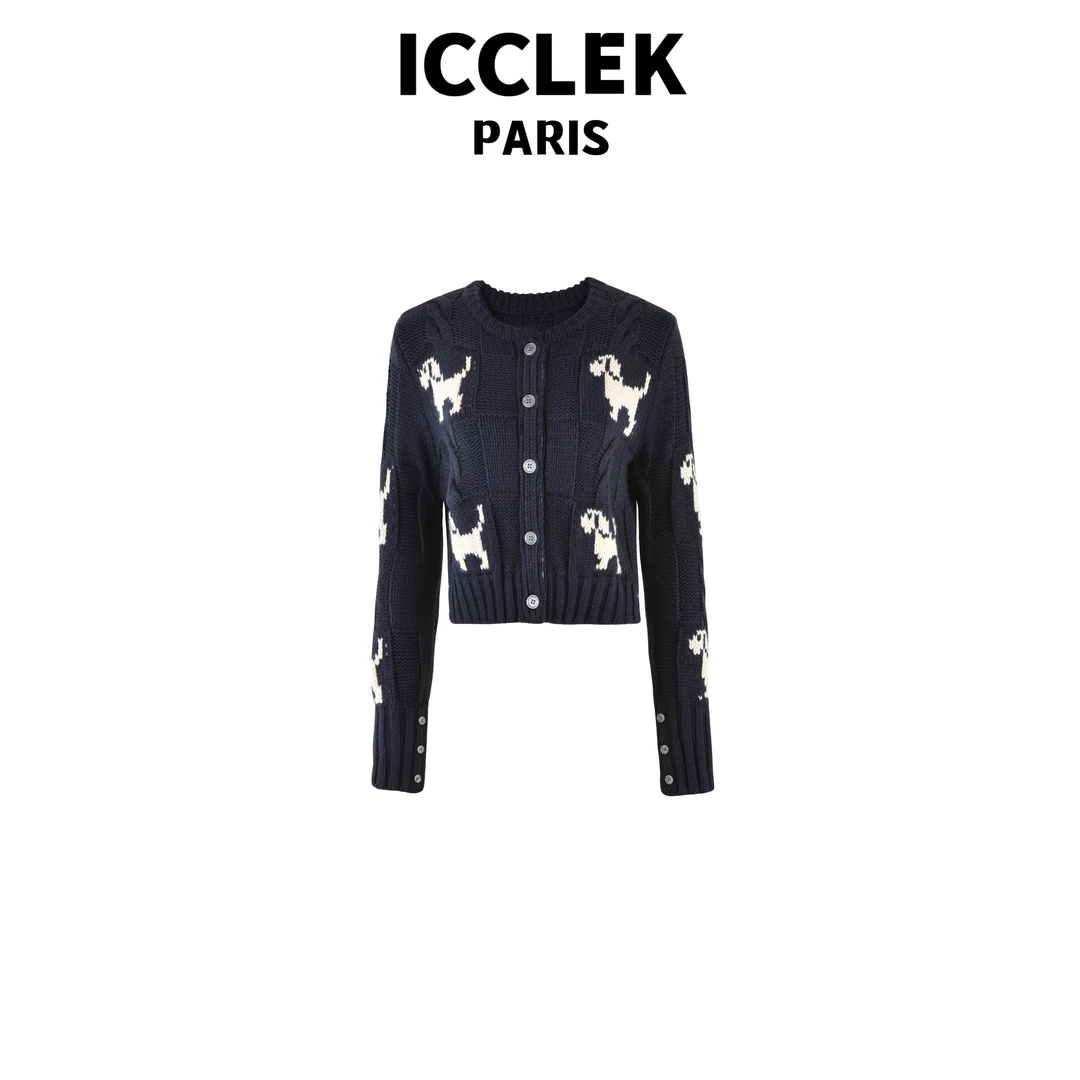 ICCLEK 藏蓝色腊肠狗提花长袖针织衫 气质 轻奢 名媛 -3524