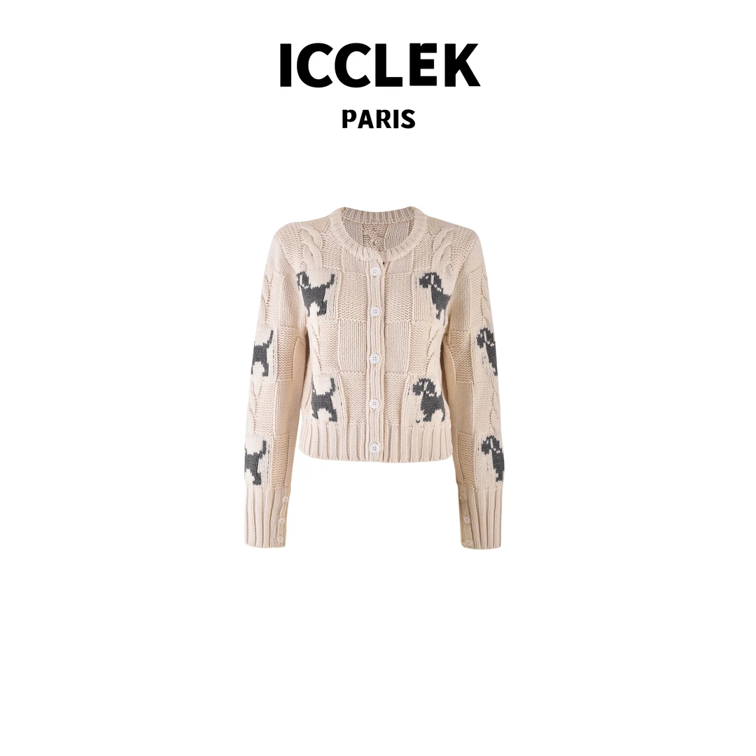 ICCLEK 白色腊肠狗提花长袖针织衫 气质 轻奢 名媛 -2853