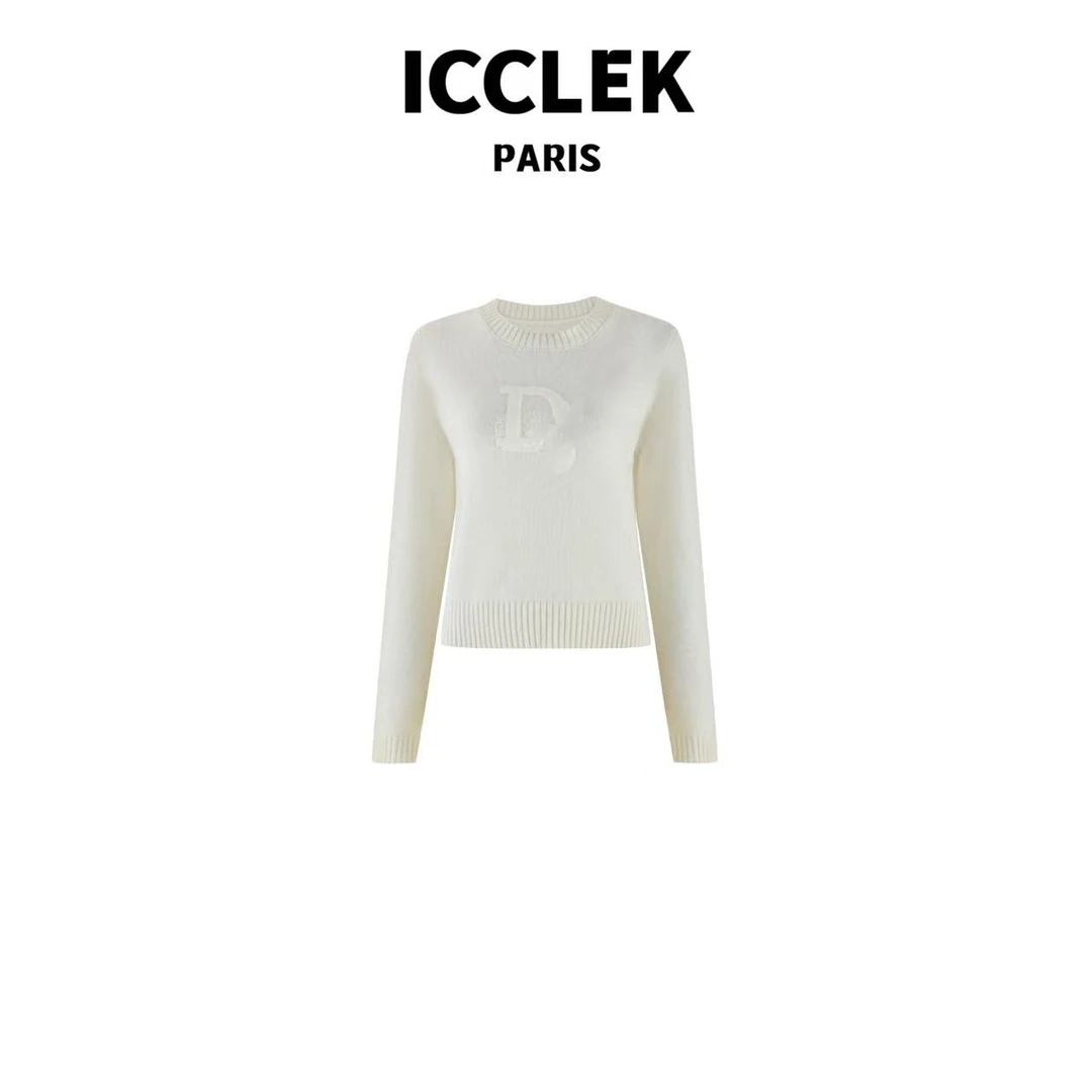 ICCLEK 白色圆领长袖手工刺绣针织衫-3574