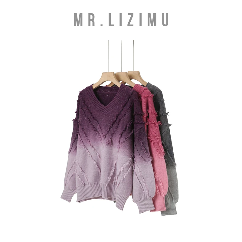 李子木先生慵懒风渐变色流苏加厚V领毛衣针织衫上衣「小香风毛衣」
