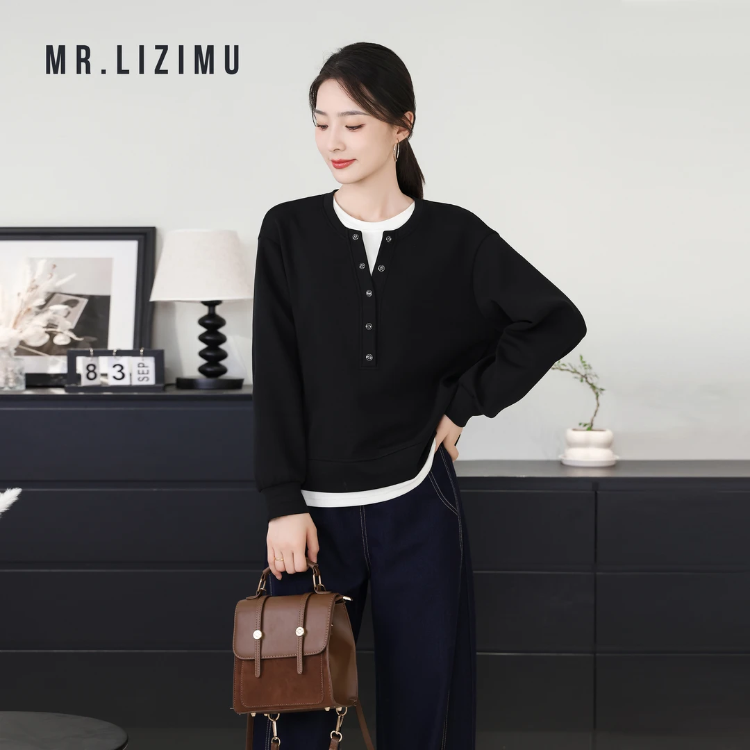 李子木先生简约纯色假两件卫衣秋季新款休闲时尚显瘦雅丹风C7333