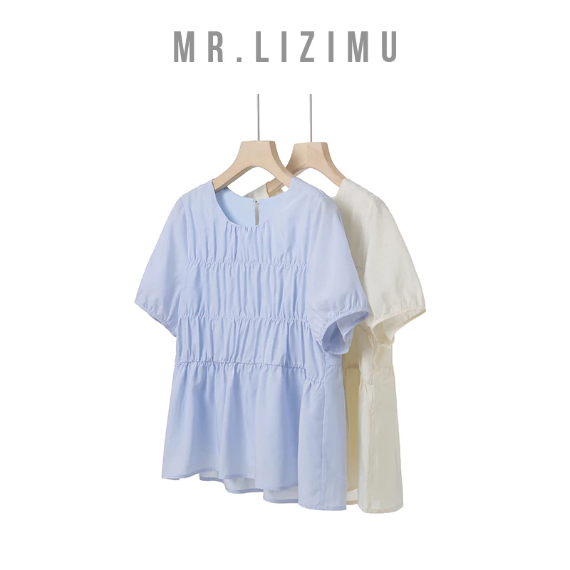 李子木先生收腰显瘦褶皱衬衫泡泡袖上衣百搭短袖蓝色衬衫C6061