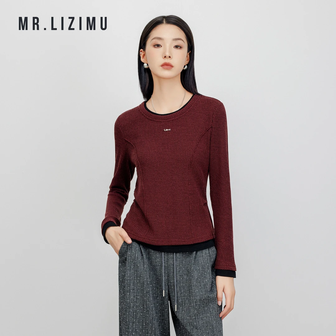 李子木先生春装欧若风穿搭假两件竖条纹时尚长袖T恤女士气质上衣