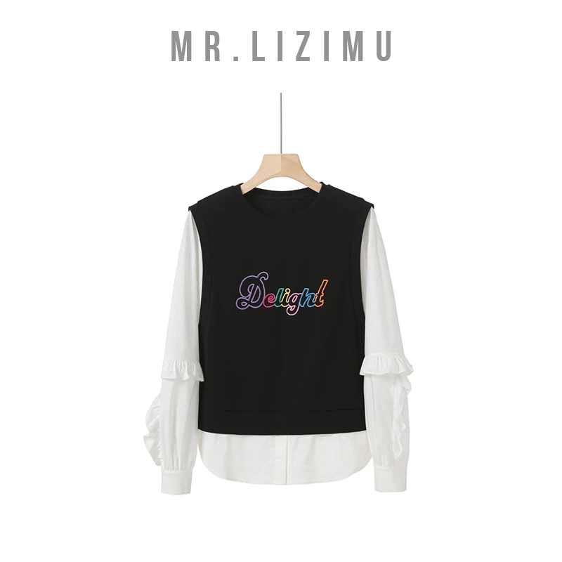 李子木先生衬衫女款外穿假两件拼接衬衣新款休闲套头长袖女衬衫