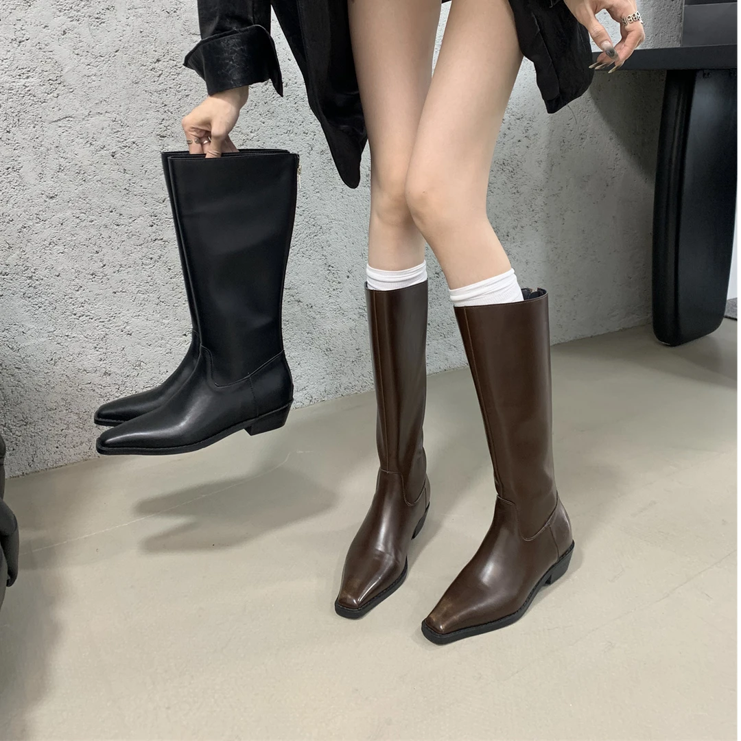 骑士靴女高筒不过膝长靴粗跟爆款后拉链机车靴小众气质显瘦长筒靴