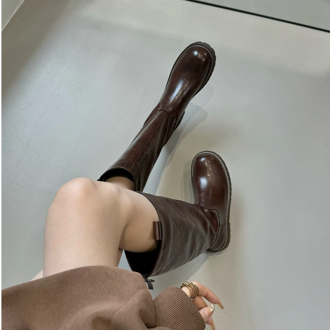 粗跟圆头长筒靴女单靴2024新款黑色秋冬厚底显瘦不过膝高筒靴长靴