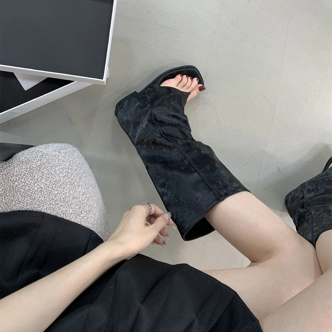 夹趾凉靴子女增高跟靴2025新款夏季凉鞋西部牛仔长筒靴不过膝长靴
