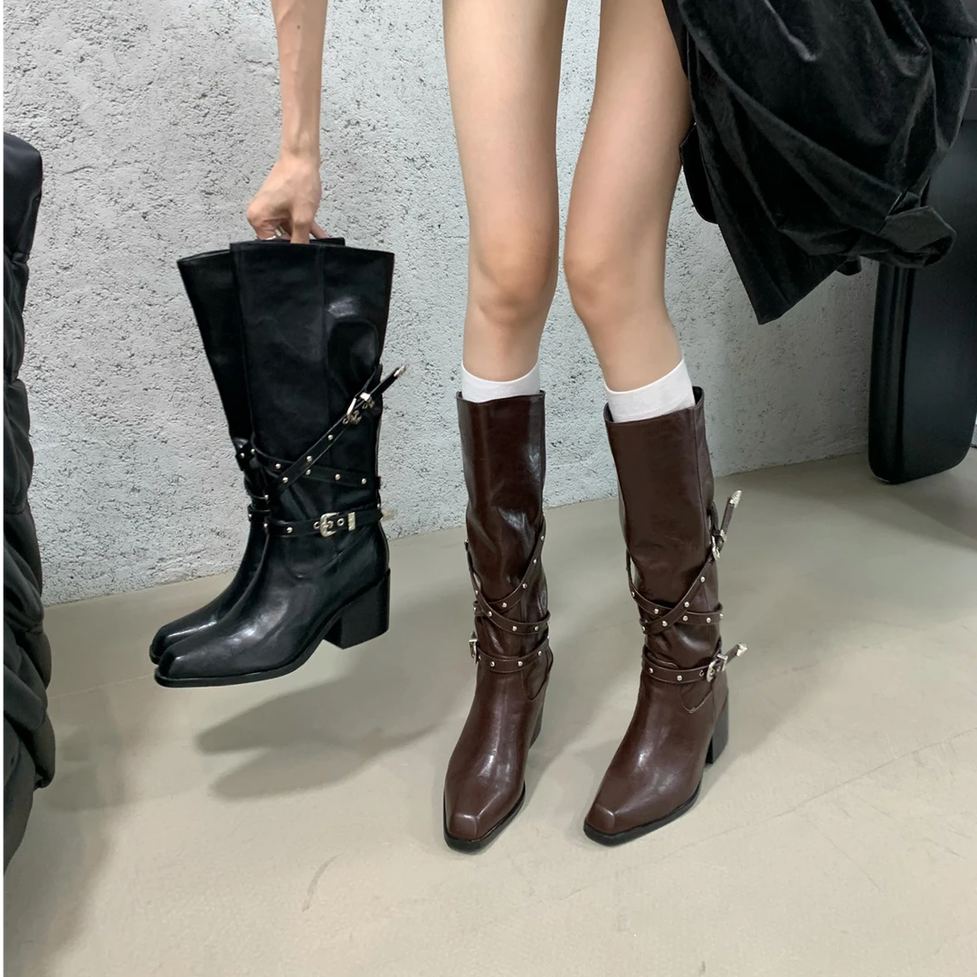 粗跟方头长靴女秋冬季新款百搭复古不过膝高筒靴小个子高跟骑士靴