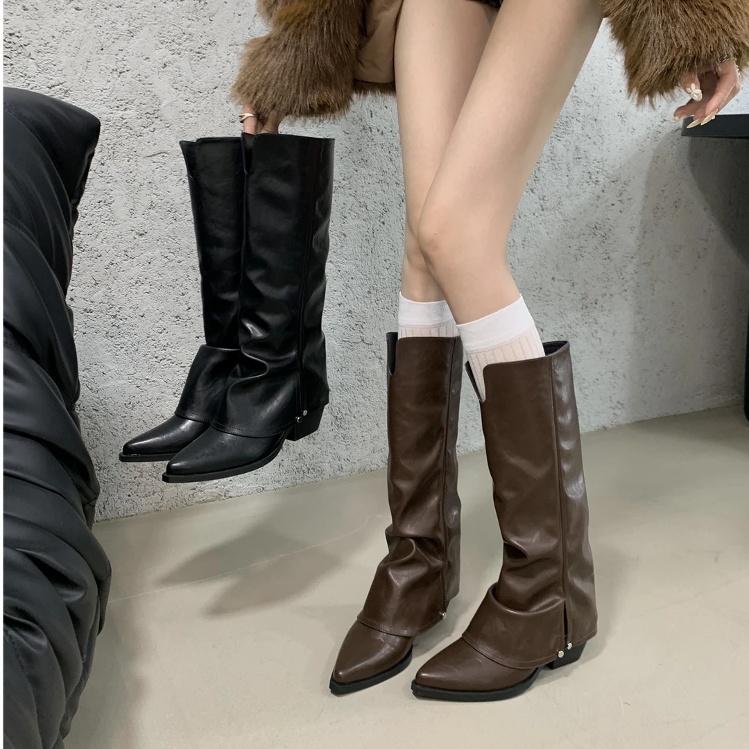 尖头粗跟棕色美拉德中长靴女鞋2024新款春秋季辣妹裤管长筒骑士靴