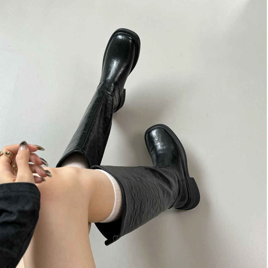 厚底棕色粗跟长筒靴子女秋冬新款长靴侧拉链弹力瘦瘦靴高筒骑士靴