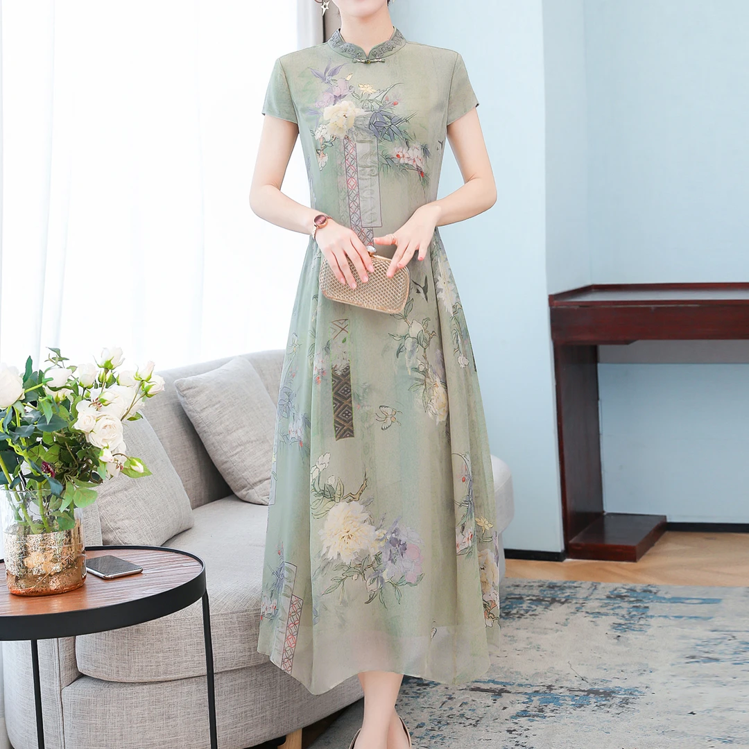连衣裙女夏季优雅中长款改良旗袍年轻款高端气质洋气妈妈减龄漂亮