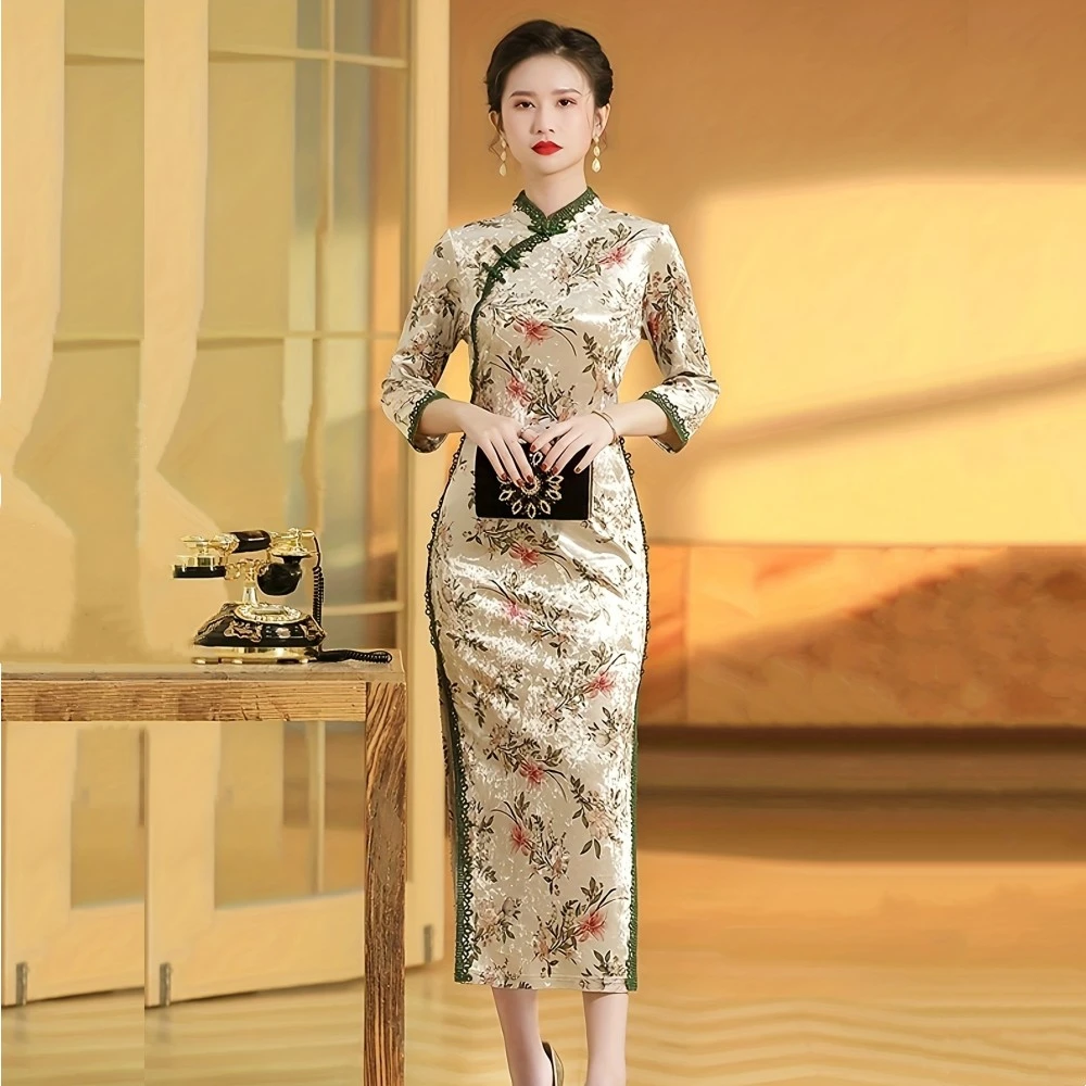 高级旗袍女2023新款妈妈年轻款春季改良版国潮风中式金丝绒旗袍裙