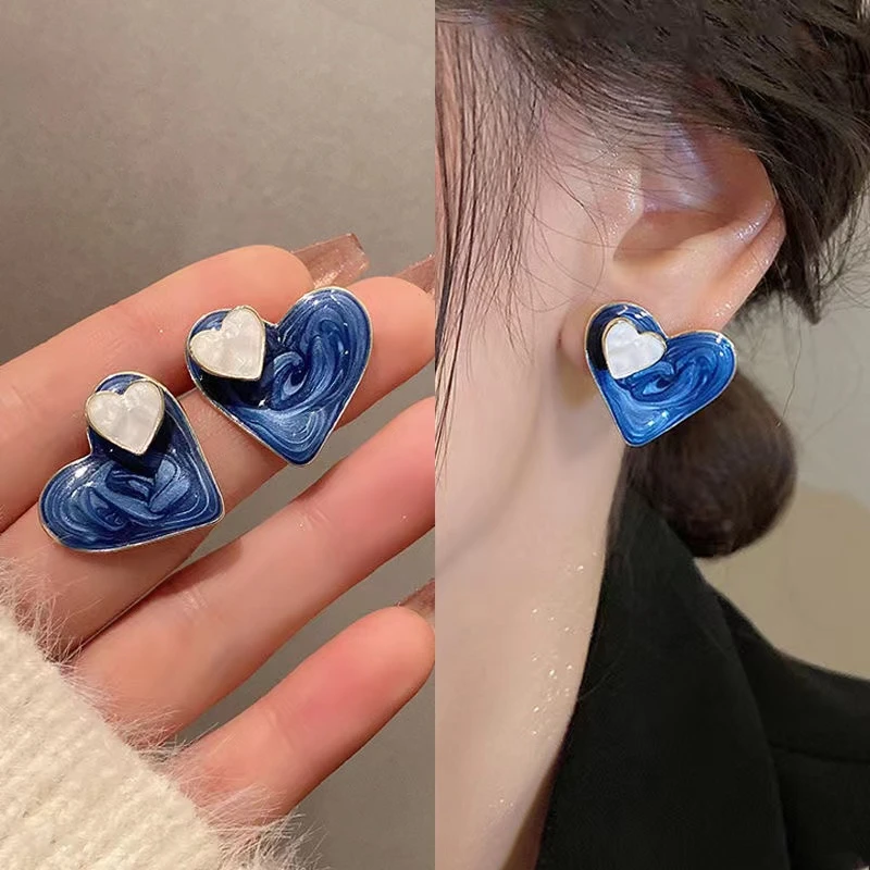 涵宸 非金属耳饰 2023新款烧蓝耳钉小众设计感气质爱心耳钉潮耳饰