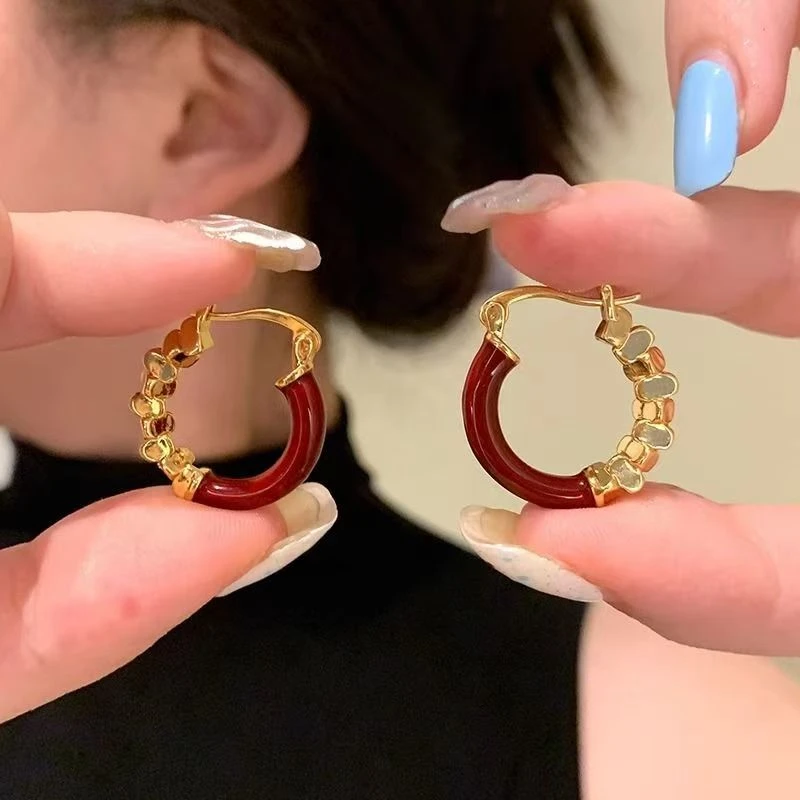 黄铜珐琅耳饰 安可拉红色滴釉圆圈耳扣港风复古耳环女轻奢高级感