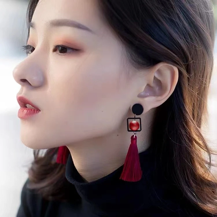 非金属珐琅耳饰 红色流苏耳环中国风耳饰耳坠气质小众设计感高级