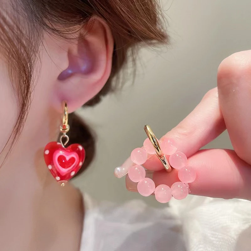 铜合金仿水晶耳饰 红色爱心耳环设计感耳坠可爱欧美高级感耳扣女