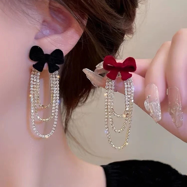 铜合金耳饰 蝴蝶结流苏气质耳环女夸张耳饰新款爆款高级感耳钉潮